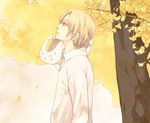  autumn blonde_hair cat looking_up natsume_takashi natsume_yuujinchou nyanko shirt smile standing suihou tree 