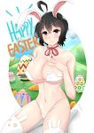  animal_band_legwear animal_ears bare_shoulders black_hair blush bra breasts bunny bunny_band_legwear bunny_ears cleavage easter easter_egg egg full_body hair_ornament highres keikyu_(tiltedcube) large_breasts looking_at_viewer nipples original panties revealing_clothes ribbon short_hair simple_background smile solo swimsuit thighhighs thong underwear white_bra white_legwear 
