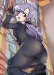  ass blush breasts gloves hair_ribbon highres lila_(pokemon) long_hair long_sleeves low_ponytail medium_breasts moruta_(sunu-pio) nipples open_mouth pantylines pokemon pokemon_(game) pokemon_sm purple_eyes purple_hair ribbon shirt solo 