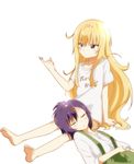  barefoot blonde_hair blue_eyes blush cherry_blossoms closed_eyes closed_mouth clothes_writing collarbone commentary_request eyebrows_visible_through_hair gabriel_dropout hair_between_eyes hair_ornament hairclip highres kuro_neko_(artist) lap_pillow multiple_girls parted_lips petals purple_hair shirt short_sleeves simple_background sitting sleeping t-shirt tenma_gabriel_white translation_request tsukinose_vignette_april white_background white_shirt 