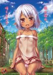  :d bare_shoulders blue_sky blush breasts cameltoe cloud cloudy_sky collarbone cover dark_skin day dress elf looking_at_viewer nature open_mouth original outdoors panties pantyshot pantyshot_(sitting) pink_panties pointy_ears red_eyes short_dress short_hair silver_hair sitting sky small_breasts smile solo thigh_gap translation_request tree underwear white_panties wind wind_lift yukino_minato 