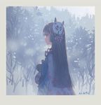  bangs bell blunt_bangs border bow brown_hair expressionless fox_mask grey_border hime_cut hjl japanese_clothes kimono looking_away mask mask_on_head onmyoji pale_color profile snowing solo standing yuki_onna_(onmyoji) 