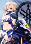  adapted_costume ahoge artoria_pendragon_(all) bandeau bangs black-framed_eyewear blonde_hair blue_ribbon blush braid breasts bursting_breasts commentary_request covered_mouth cowboy_shot cropped_jacket eyebrows_visible_through_hair fate/grand_order fate_(series) french_braid gedou_(shigure_seishin) glasses groin ground_vehicle hair_bun hair_ribbon hand_up hips large_breasts leaning_on_object looking_at_viewer midriff motor_vehicle motorcycle mysterious_heroine_x_(alter) navel race_queen ribbon semi-rimless_eyewear side_slit solo thighhighs thighs under-rim_eyewear v white_legwear yamaha yamaha_yzf-r1 yellow_eyes 