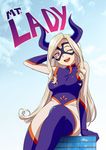  ;d blue_sky bodysuit boku_no_hero_academia breasts building character_name cloud day drill_hair edalie english giantess hand_behind_head horns large_breasts long_hair looking_at_viewer mount_lady one_eye_closed open_mouth purple_eyes sitting sky smile solo teeth 