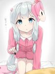  :o all_fours bad_id bad_pixiv_id blue_eyes bow eromanga_sensei hair_bow highres hoshikuzu_witch_meruru izumi_sagiri long_hair looking_at_viewer mask mask_on_head meruru_(oreimo) pajamas pink_bow silver_hair solo stylus suzuharu_toufu translated 