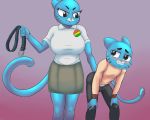  2019 5_fingers absurd_res anthro belt big_breasts blush breasts cartoon_network clothed clothing dgemporium domestic_cat felid feline felis female grin gumball_watterson hi_res holding_object leaning leaning_forward male male/female mammal mother mother_and_son nicole_watterson parent smile son spanking the_amazing_world_of_gumball whiskers 