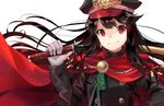  bangs black_hair closed_mouth double-breasted eyebrows_visible_through_hair family_crest fate_(series) floating_hair gloves grey_gloves hat highres holding holding_sword holding_weapon katana koha-ace long_hair looking_at_viewer military military_hat military_uniform nonono oda_nobunaga_(fate) oda_uri peaked_cap red_eyes simple_background smile solo swept_bangs sword uniform upper_body weapon white_background 