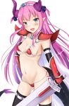  :d absurdres armor bangs bikini bikini_armor black_gloves black_legwear blush breasts collarbone commentary_request cowboy_shot earrings elbow_gloves elizabeth_bathory_(brave)_(fate) elizabeth_bathory_(fate)_(all) eyebrows_visible_through_hair fang fate/extra fate/extra_ccc fate/grand_order fate_(series) gauntlets gloves groin highres holding holding_sword holding_weapon horns jewelry kurenai_(kurenai_pso) long_hair looking_at_viewer loose_bikini navel open_mouth oversized_clothes pauldrons pink_hair pointy_ears red_armor red_bikini silver_trim simple_background small_breasts smile solo swimsuit sword thighhighs thighs tiara tsurime weapon white_background 