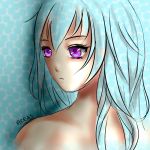  1girl artist_name blue_background dotted_background long_hair ncesscess purple_eyes shiny shiny_skin topless transparent_hair work_in_progress 