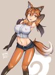  animal_ears artist_name bow brown_background brown_hair fang fox_ears fox_tail fur_trim gloves hibax-fre highres japari_symbol kemono_friends long_hair low_twintails maned_wolf_(kemono_friends) midriff multicolored_hair navel open_mouth orange_hair pantyhose simple_background solo tail thighhighs twintails two-tone_hair wolf_ears wolf_tail yellow_eyes 