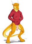  anthro balls big_penis claws clothed clothing dragon hands_in_pockets hoodie horn humanoid_penis looking_at_viewer male muscular_thighs partially_clothed penis pink_eyes red_clothing scalie smile solo standing tagme thin_tail truegrave9 yellow_skin 