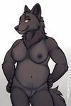  2017 4_fingers anthro armpits bedroom_eyes big_breasts biped black_nipples black_nose breasts canine eyebrows eyelashes female fluffy fluffy_tail fur grey_fur half-closed_eyes hand_on_hip humanoid_hands inner_ear_fluff looking_at_viewer mammal navel neck_tuft nipples portrait pose pussy seductive signature simple_background slightly_chubby smile snout solo three-quarter_portrait tsaiwolf tuft wolf yellow_eyes 