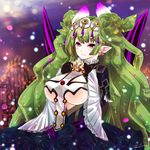  :3 bad_id bad_pixiv_id blurry breasts cup dated depth_of_field dress earrings fang flower frills gloves green_hair hair_ornament haruneko_roma highres holding holding_cup jewelry large_breasts last_period long_hair meldia_(last_period) pointy_ears purple_eyes revealing_clothes rose smile solo teacup twintails twitter_username very_long_hair victorian wide_sleeves 