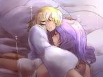  bed blonde_hair closed_eyes cuddling moriya_suwako multiple_girls pillow purple_hair short_hair sleeping tobisawa touhou yasaka_kanako yuri 