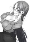  1girl breasts cleavage fate/grand_order fate_(series) glasses long_hair minamoto_no_raikou_(fate/grand_order) monochrome skirt smile sparkle 