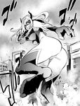  ass bodysuit boku_no_hero_academia breasts building domino_mask drill_hair feet feet_out_of_frame giantess greyscale highres kurose_kousuke large_breasts long_hair looking_back mask monochrome mount_lady sky smile solo teeth 