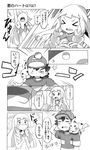  &gt;_&lt; 1girl arm_up bare_shoulders baseball_cap braid closed_eyes comic dress emphasis_lines eyebrows_visible_through_hair gen_1_pokemon greyscale hands_on_own_chest hat highres holding holding_poke_ball kuriyama lillie_(pokemon) long_hair monochrome motion_lines no_headwear on_shoulder open_mouth pikachu poke_ball poke_ball_(generic) pokemon pokemon_(anime) pokemon_(creature) pokemon_on_shoulder pokemon_sm_(anime) raised_eyebrows satoshi_(pokemon) scratching_head short_sleeves sleeveless sleeveless_dress straight_hair throwing_poke_ball translation_request twin_braids upper_body very_long_hair wince 