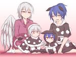  ^_^ animal_costume animal_ears blue_hair blush child closed_eyes commentary_request couple doremy_sweet dress hat if_they_mated kishin_sagume kuroba_rapid mother_and_daughter multiple_girls nightcap no_hat no_headwear pink_background pom_pom_(clothes) ponytail purple_dress red_eyes silver_hair sitting smile socks tail tapir_ears tapir_tail touhou wings yuri 