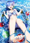  :d absurdres bikini blue_eyes blue_hair bow_bikini breasts from_above hair_ornament hair_over_one_eye highres innertube large_breasts legs light_blue_hair menghuan_tian nail_polish open_mouth re:zero_kara_hajimeru_isekai_seikatsu rem_(re:zero) short_hair side-tie_bottom smile solo swimsuit thighs water x_hair_ornament 