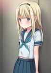  black_hairband blonde_hair blue_eyes blue_neckwear blue_sailor_collar blue_skirt blush closed_mouth cowboy_shot hairband long_hair neckerchief original pleated_skirt ryunnu sailor_collar school_uniform serafuku shirt skirt smile solo standing white_shirt 