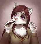  2017 5_fingers anthro brown_hair cat clothed clothing feline female hair mammal mykegreywolf pink_nose purple_eyes simple_background solo 