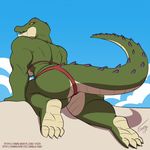  all_fours anthro beach bikini breasts butt clothing crocodile crocodilian female ficus looking_back muscular outside reptile scalie seaside solo swimsuit thick_thighs 