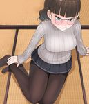  arm_support bangs black_legwear blunt_bangs blush breasts brown_eyes brown_hair casual commentary_request embarrassed from_above glasses grey_sweater highres indoors kantai_collection large_breasts lips long_sleeves looking_at_viewer masukuza_j miniskirt pantyhose pince-nez pleated_skirt ribbed_sweater roma_(kantai_collection) short_hair sitting skirt solo sweater tatami turtleneck turtleneck_sweater wavy_hair wavy_mouth 