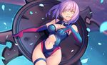  &gt;:) bangs bare_shoulders breasts cleavage cowboy_shot deep_skin elbow_gloves fate/grand_order fate_(series) gloves grabbing_own_breast highres looking_at_viewer mash_kyrielight medium_breasts navel parted_lips petals purple_hair self_fondle shield short_hair smile solo stomach swept_bangs tsuki_suigetsu v-shaped_eyebrows yellow_eyes 