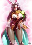  abstract_background alternate_costume animal_ears black_hair blush breasts bunny_ears bunnysuit bursting_breasts cleavage easter_egg egg finger_to_mouth fire_emblem fire_emblem_heroes fire_emblem_if gloves jadenkaiba kagerou_(fire_emblem_if) large_breasts pantyhose scarf solo thigh_gap thighs 