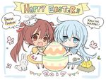  2girls :d alternate_costume apron bird blue_dress blue_eyes blue_hair brown_eyes brown_hair bunny chibi chick cyrillic dress easter easter_egg egg fang hammer_and_sickle happy_easter hat hibiki_(kantai_collection) hizuki_yayoi italian kantai_collection libeccio_(kantai_collection) long_hair multiple_girls nest open_mouth oversized_object russian smile star translated twintails verniy_(kantai_collection) white_apron yellow_dress 
