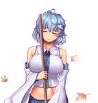 antenna_hair blue_hair breasts closed_eyes commentary cosplay cowboy_shot crop_top detached_sleeves eyebrows_visible_through_hair frog_hair_ornament hair_ornament hater_(hatater) highres kochiya_sanae kochiya_sanae_(cosplay) large_breasts leaf maple_leaf midriff navel nontraditional_miko short_hair simple_background snake_hair_ornament solo tatara_kogasa touhou white_background wide_sleeves 
