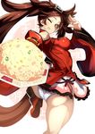  :d :p ass back bad_id bad_twitter_id bare_shoulders breasts brown_eyes brown_hair covered_nipples food fried_rice guilty_gear guilty_gear_xrd kuradoberi_jam leg_up long_hair looking_at_viewer nuezou one_eye_closed open_mouth panties plate rice smile solo striped striped_panties tongue tongue_out underwear 