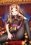  blush brown_hair capelet chacha_(fate/grand_order) clothed_masturbation fate/grand_order fate_(series) fingering ginhaha japanese_clothes long_hair looking_at_viewer masturbation masturbation_through_clothing no_panties open_mouth pantyhose pussy_juice ribbon solo spread_legs spread_pussy_under_clothes underwear 