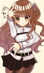  1girl belt blush breasts brown_hair cosplay fate/extra fate/grand_order fate_(series) fujimaru_ritsuka_(female) fujimaru_ritsuka_(female)_(cosplay) hair_ornament kishinami_hakuno_(female) long_hair pantyhose side_ponytail skirt smile 