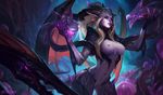  1girl areolae blonde_hair breasts dragon_girl edit forehead_jewel league_of_legends navel nipples official_art parted_lips pointy_ears pubic_hair purple_eyes pussy scales tail wings zyra 