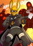  2016 anthro belt clothed clothing fur gloves grenade_launcher grin gun gunbunny hi_res holster jacket jaeh lagomorph long_ears looking_at_viewer machine male mammal mask orange_fur pants pink_nose rabbit ranged_weapon robot smile sound_effects weapon 