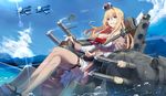  :d absurdres aircraft airplane biplane blonde_hair blue_eyes blue_sky braid breasts brown_legwear cannon cleavage cloud cloudy_sky crossed_legs crown day dress from_below garter_straps glint gun hair_between_eyes hair_over_breasts highres jewelry kantai_collection large_breasts lens_flare long_hair mini_crown necklace open_mouth outdoors rod side_braid sitting sky smile smoke smoking_gun solo sunlight thighhighs throne touzai_(poppin_phl95) turret warspite_(kantai_collection) weapon 