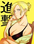  annie_leonhardt asutora_(coil) blonde_hair blue_eyes bra breasts chair chin_rest cleavage constricted_pupils expressionless folded_ponytail looking_at_viewer medium_breasts off_shoulder shingeki_no_kyojin short_hair solo underwear yellow_background 