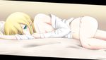  arm_pillow blonde_hair blue_eyes blush breasts christa_renz cleavage collarbone looking_at_viewer lost_july lying medium_breasts navel off_shoulder on_side panties partially_undressed shingeki_no_kyojin shirt solo tan_background underwear white_panties 