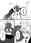  1boy 1girl @_@ ahoge blush check_translation comic embarrassed fate/grand_order fate/prototype fate/prototype:_fragments_of_blue_and_silver fate_(series) fujimaru_ritsuka_(female) glasses greyscale hair_between_eyes hair_ornament hair_scrunchie hanabishi hug jekyll_and_hyde_(fate) long_sleeves monochrome open_mouth scrunchie side_ponytail smile speech_bubble translated translation_request 