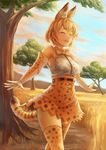  :d ^_^ absurdres animal_ears blonde_hair blush bow bowtie breasts closed_eyes day elbow_gloves gloves grass high-waist_skirt highres kemono_friends medium_breasts open_mouth outdoors serval_(kemono_friends) serval_ears serval_print serval_tail shenshui_jing_liu shirt short_hair skirt sleeveless sleeveless_shirt smile solo standing tail thighhighs tree white_shirt |d 