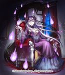  breasts cleavage company_name curtains dress fire full_body gyakushuu_no_fantasica large_breasts long_hair nail_polish official_art pale_skin purple_hair red_eyes sitting solo teeth tiara vampire white_skin window yamagishi_chihiro 