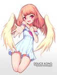  absurdres angel_wings bad_id bad_pixiv_id blush dress eyebrows_visible_through_hair heart highres lee_seok_ho looking_at_viewer medium_hair naver_username open_mouth orange_hair original outstretched_arm outstretched_hand red_eyes smile solo teeth white_dress wings 