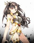  :&gt; armlet asymmetrical_gloves asymmetrical_legwear bangs bare_arms bare_shoulders black_ribbon breasts bridal_gauntlets brown_hair chibirisu closed_mouth earrings elbow_gloves fate/grand_order fate_(series) gloves gold_trim groin groin_tendon hair_ribbon highres hoop_earrings ishtar_(fate/grand_order) jewelry large_breasts long_hair looking_at_viewer midriff navel parted_bangs red_eyes ribbon shirt sideboob simple_background single_elbow_glove single_thighhigh sleeveless sleeveless_shirt smile solo strapless thighhighs two_side_up white_shirt 