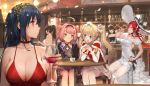  6+girls absurdres ahoge alcohol amazon_(azur_lane) animal_ears atago_(azur_lane) azur_lane bangs bare_legs bare_shoulders black_dress black_gloves black_hair blonde_hair blue_eyes blush bonet bow breasts bridal_gauntlets choker cleavage closed_mouth cocktail_dress cup detexted dress drinking drinking_glass earrings eyebrows_visible_through_hair eyes_closed fang gloves gorgeous_mushroom hair_between_eyes hair_flaps hair_ornament hair_ribbon halter_top halterneck hat hat_bow headband highres jewelry large_breasts long_hair looking_at_viewer low_ponytail maid_headdress monarch_(azur_lane) multiple_girls official_art open_mouth pink_hair ponytail red_choker red_dress red_eyes red_hair ribbon sidelocks sitting smile star star_earrings sun_hat taihou_(azur_lane) taihou_(forbidden_feast)_(azur_lane) takao_(azur_lane) thighhighs thighlet third-party_edit twintails u-81_(azur_lane) white_bow white_dress white_legwear wine wine_glass yellow_eyes 