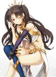  armlet asymmetrical_legwear asymmetrical_sleeves bangs bare_shoulders biro_(karashiwater) black_hair blue_legwear closed_mouth commentary_request crown earrings elbow_gloves eyebrows_visible_through_hair fate/grand_order fate_(series) gloves hair_ribbon highres hoop_earrings ishtar_(fate/grand_order) jewelry long_hair long_legs looking_at_viewer navel neck_ring one_eye_closed parted_bangs red_eyes ribbon simple_background single_elbow_glove single_thighhigh solo thighhighs two_side_up white_hair 