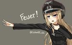  alternate_costume bismarck_(kantai_collection) blonde_hair blue_eyes german hat headphones iron_cross kantai_collection long_hair military military_hat military_uniform open_mouth outstretched_arm peaked_cap rabochicken simple_background solo translated twitter_username uniform upper_body world_war_ii 