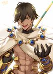  abs ahoge artist_name backlighting bangs brown_hair cloak earrings fate/prototype fate/prototype:_fragments_of_blue_and_silver fate_(series) hair_between_eyes hand_up holding holding_weapon jewelry looking_at_viewer male_focus open_mouth ozymandias_(fate) polearm signature simple_background smile solo takehana_note toned toned_male upper_body weapon white_background yellow_eyes 