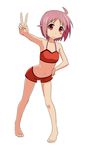  1girl bikini blush navel nonohara_yuzuko pink_eyes red_bikini red_eyes solo swimwear takahirokun v white_background yuyushiki 