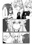  2girls :i ahoge blush check_translation comic embarrassed eyebrows_visible_through_hair fate/grand_order fate/prototype fate/prototype:_fragments_of_blue_and_silver fate_(series) fujimaru_ritsuka_(female) glasses gloves greyscale hair_between_eyes hair_ornament hair_scrunchie hanabishi horns japanese_clothes jekyll_and_hyde_(fate) kimono kiyohime_(fate/grand_order) long_hair long_sleeves monochrome multiple_girls open_mouth pout scrunchie side_ponytail speech_bubble translated translation_request 